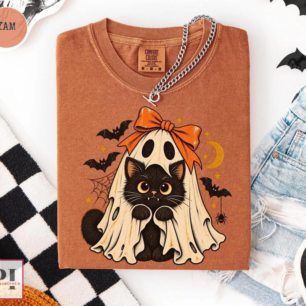 Black Cat Halloween Shirt, S Ghost Cat Tee, Halloween Shirt